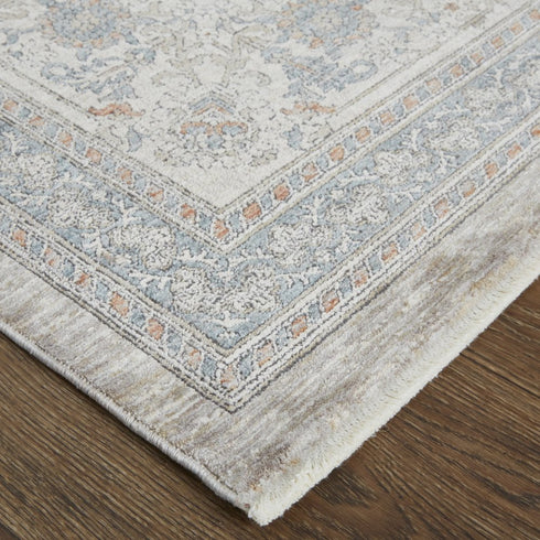7' X 10' Silver Taupe and Blue Oriental Power Loom Worn Faded Area Rug With Fringe
